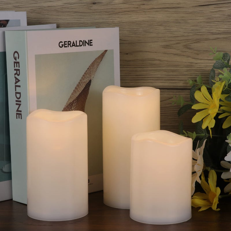 DRomance شموع DRomance الخارجية بدون لهب مع تأثير الوميض مقاومة للماء وحرارة، ضوء دافئ تعمل بالبطارية شموع عمودية LED مع مؤقت وجهاز تحكم عن بعد مجموعة من 3 (أبيض، 3" قطر × 4" 5" 6" ارتفاع)  - Image 5